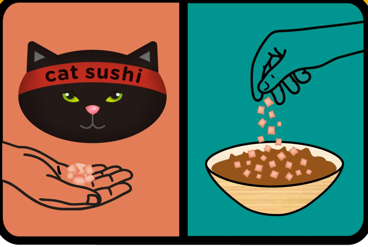 Cat Sushi mascot — the black cat in a cat sushi headband, served by hand and over the bowl